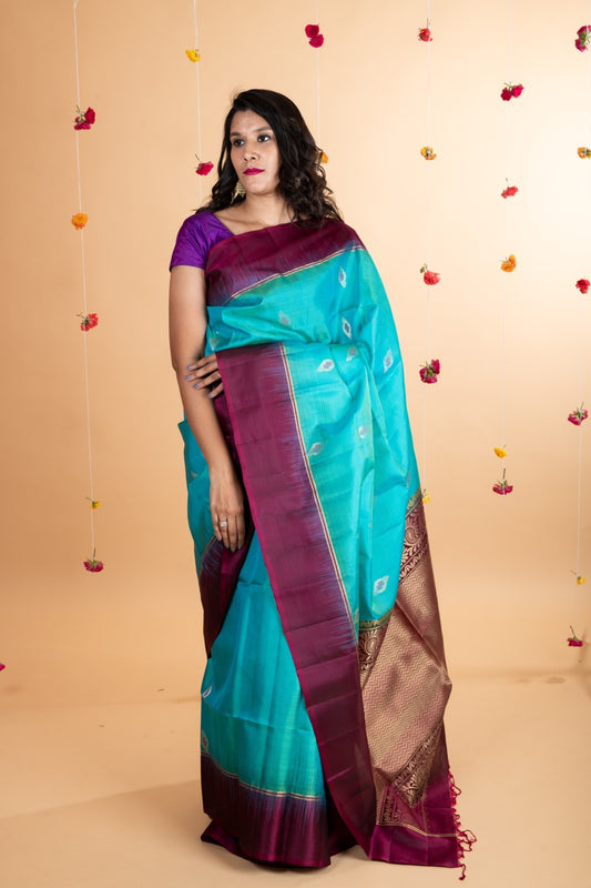 Turquoise soft silk saree