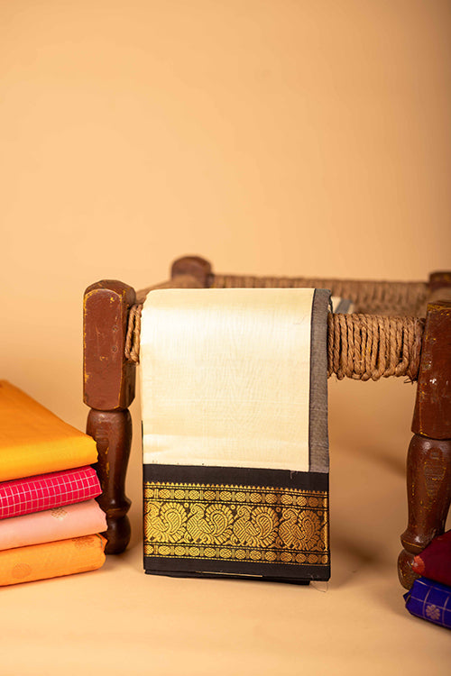 Beige and black silk cotton saree