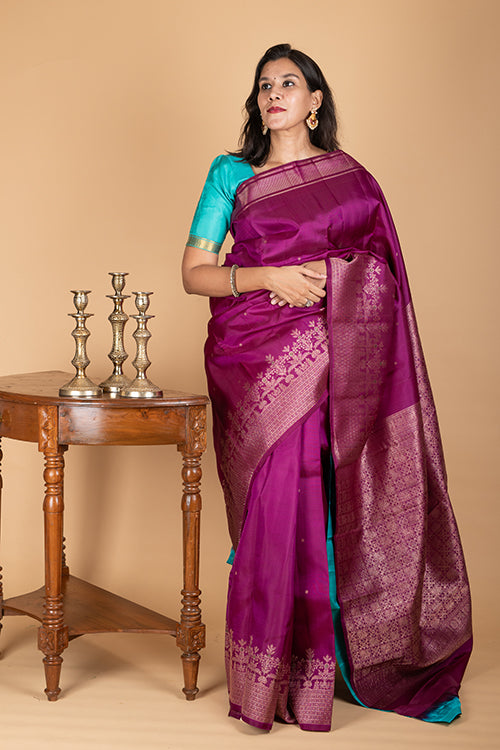Brinjal purple and green pure silk saree