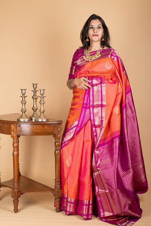 Orange and Magenta Pure Silk Saree