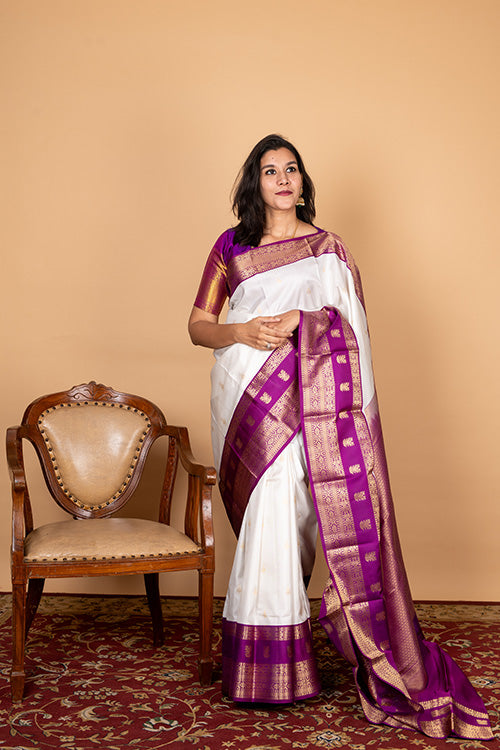 Offwhite purple silk saree