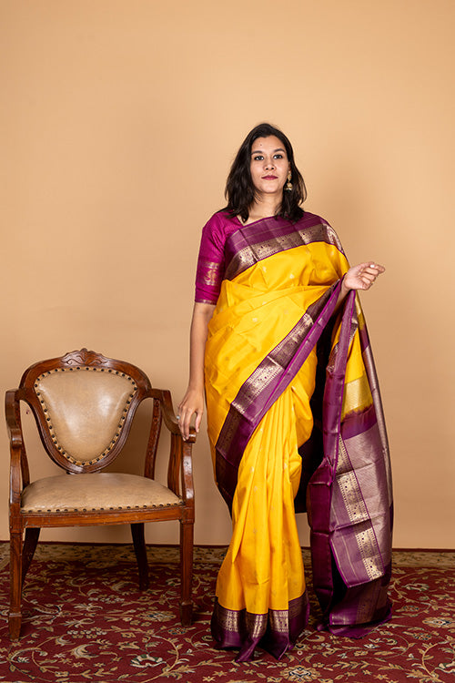 Yellow and purple pure silk saree