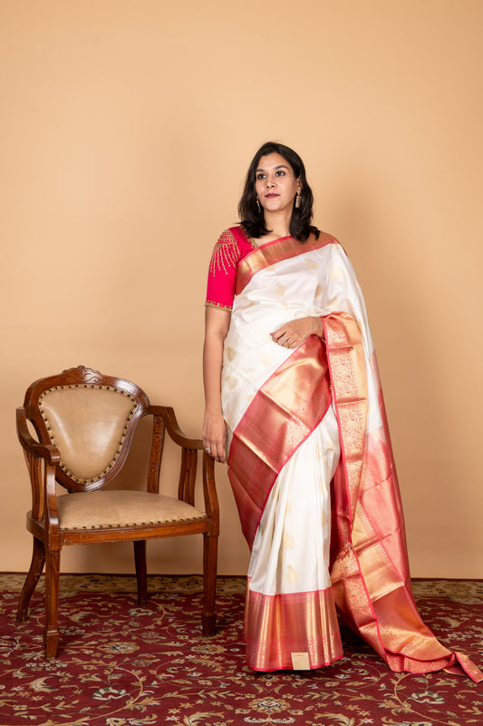 Beige and Salmon Pink Pure Silk Saree