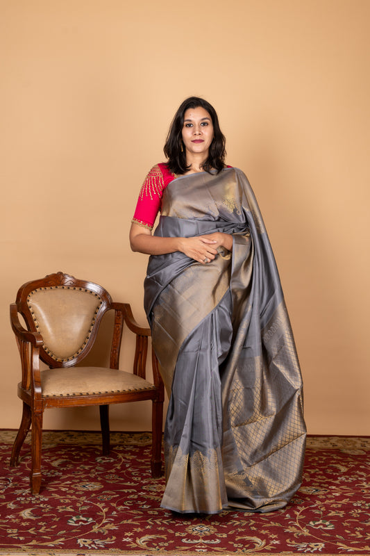 Grey Designer Pure Silk Saree