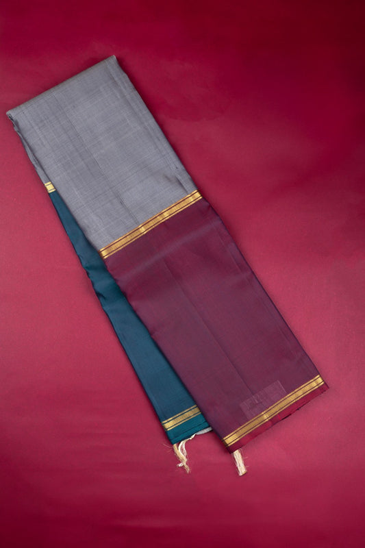 Maroon Peacock Green Grey Mubbagam silk saree