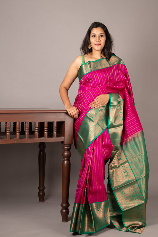 Pink and Green Korvai Weave Silk Saree