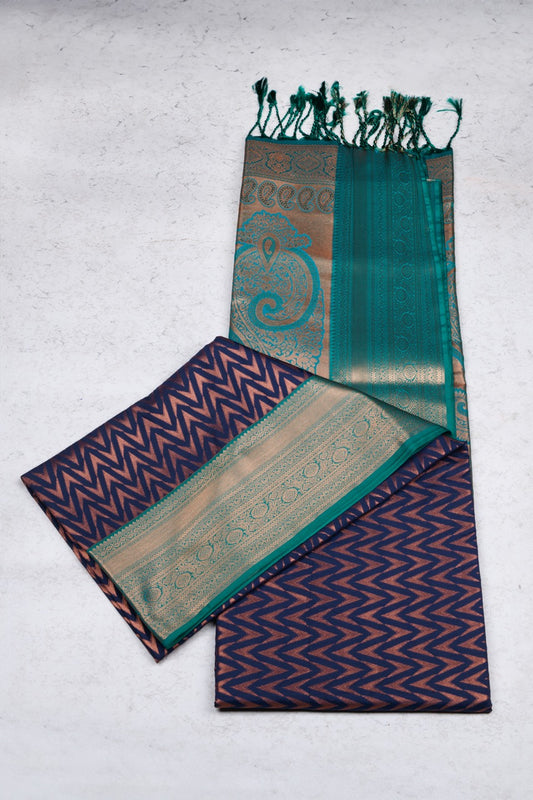 Navy Blue and Green Brocade Semi Soft Silk Saree