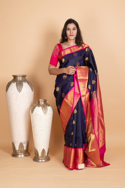 Navy Blue and Rani Pink Kanjivaram Pattu Saree