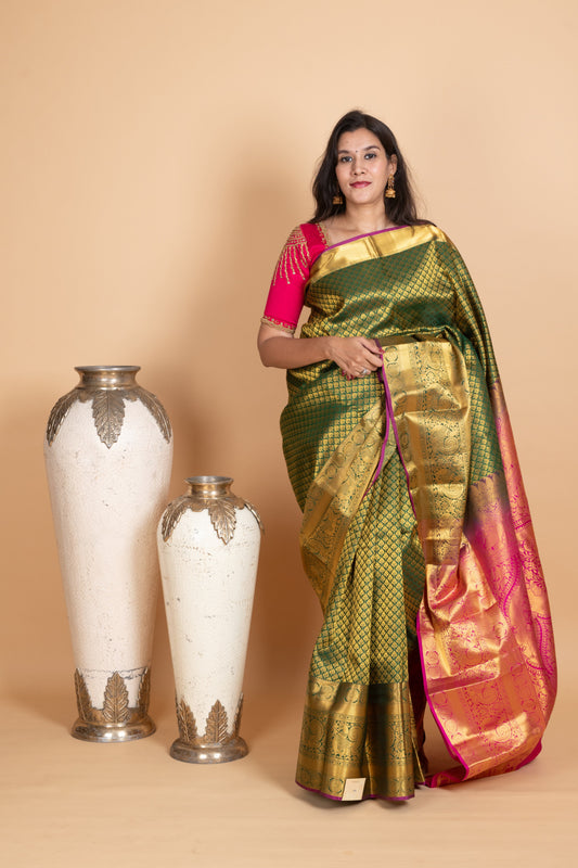 Forest Green and Rani Pink Kanjivaram Pattu Saree