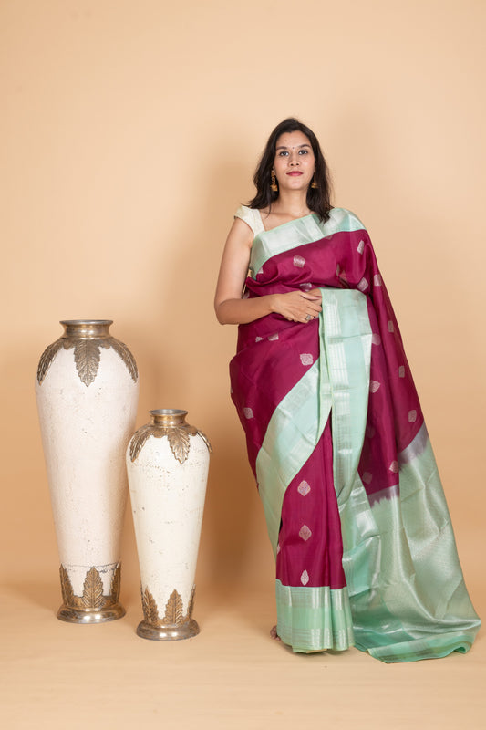 Jam Purple and Pale Green Kanjivaram Pattu Saree