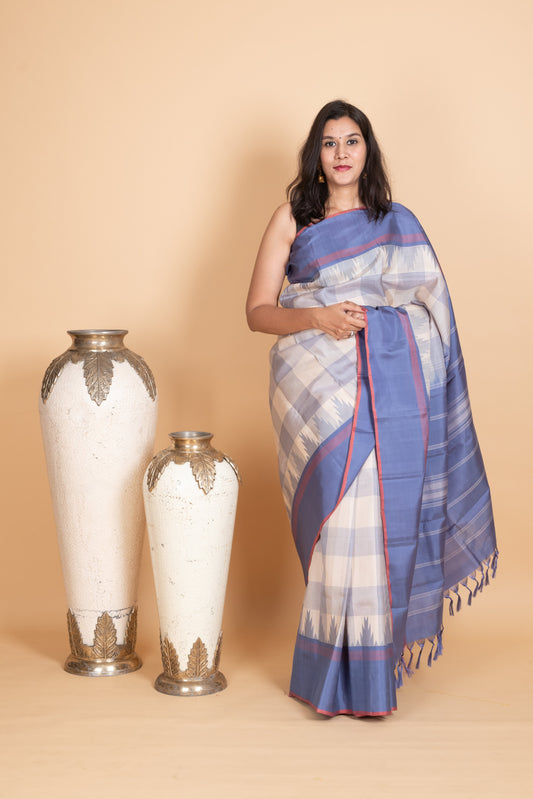 Bone White and Steel Blue Kanjivaram Pattu Saree