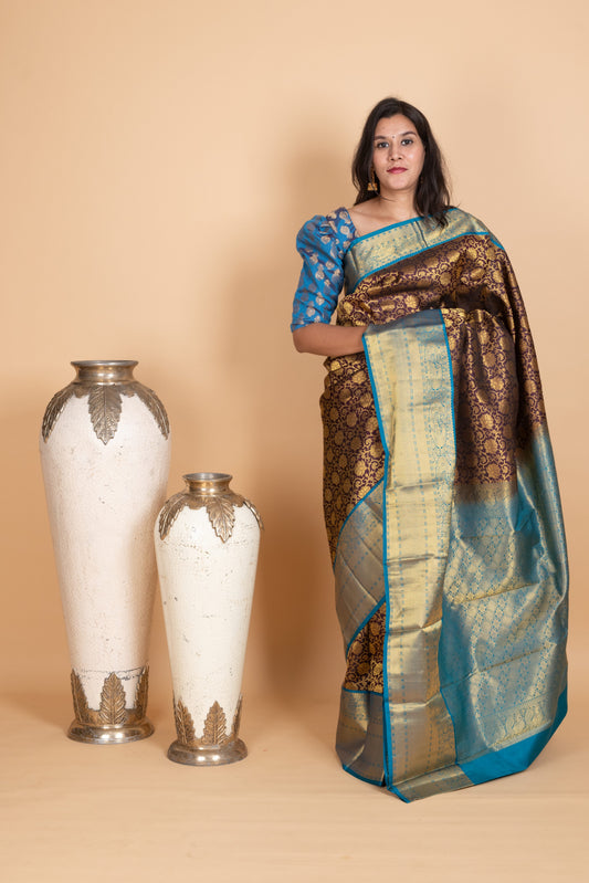 Chocolate Brown and Deep Sky Blue Pure Kanjivaram Silk Saree