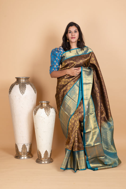 Chocolate Brown and Deep Sky Blue Pure Kanjivaram Silk Saree
