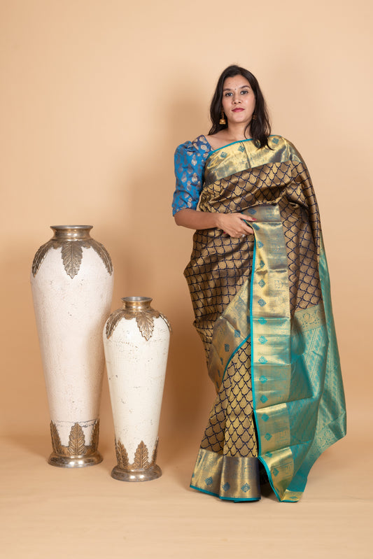 Navy Blue and Aqua Blue Pure Kanjivaram Silk Saree
