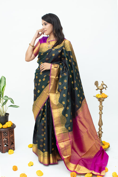 Green With Pink Silk Saree