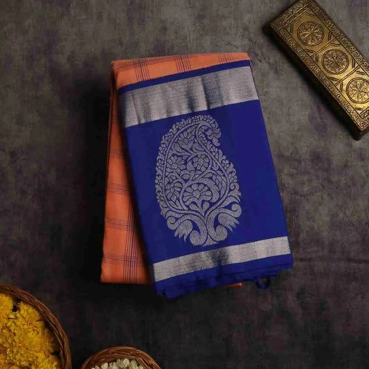 Peach with Royal Blue Border Silk Saree