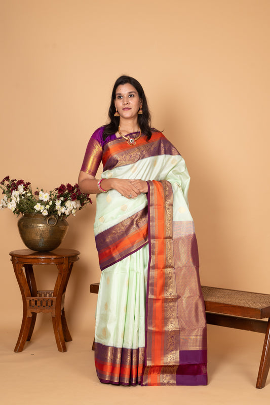 Pastel green and Mulberry Purple Pure Kanjivaram silk saree