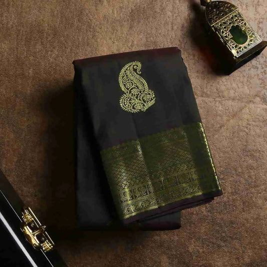 Dark Green Silk Saree With Golden Border