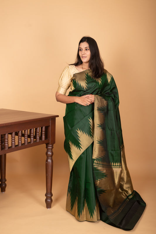 Bottle Green temple border pure kanjipuram silk saree