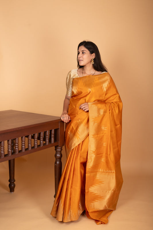 Turmeric Yellow temple border pure kanchi silk saree