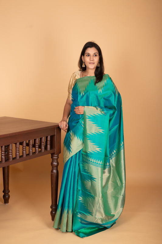 Dual Tone Blue temple border pure kanchi silk saree