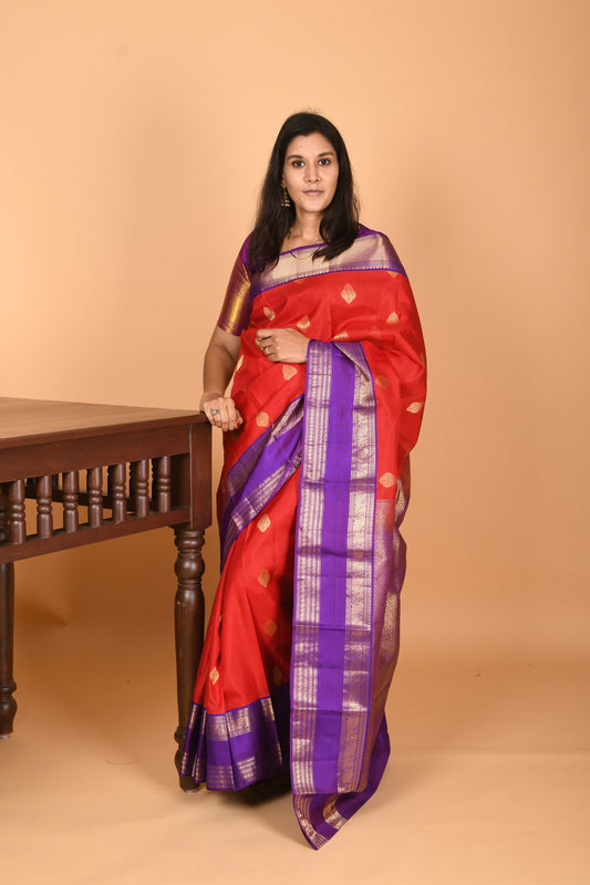 Milagai Pazham Red and Blue Violet Retta Patta Border pure kanchi silk saree