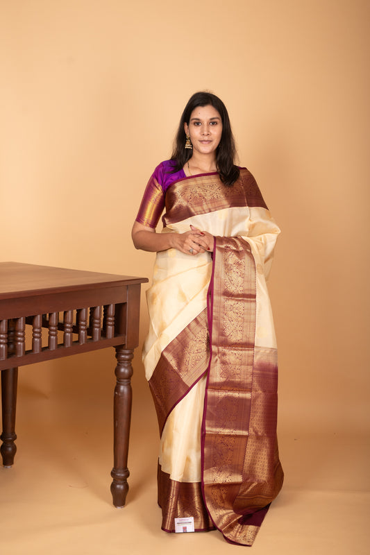 Cream white and Wine Purple Traditonal pure kanchi silk saree