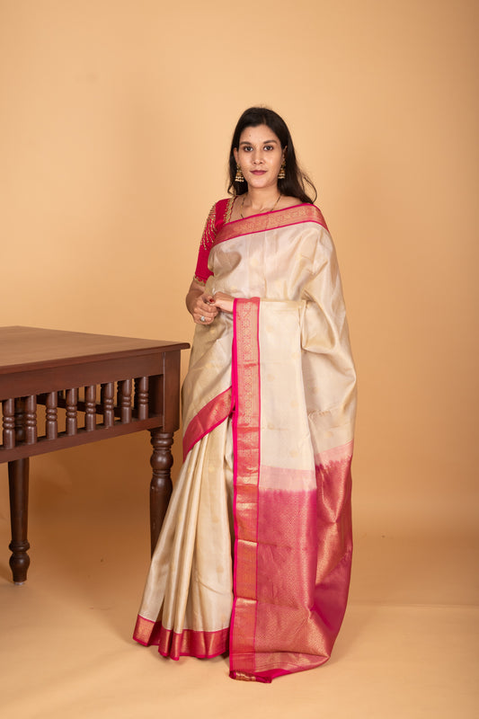 Bone White and Rani pink Small Border pure kanjivaram silk saree
