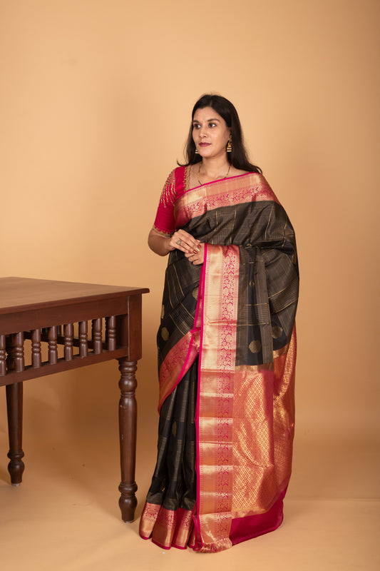 Black and Pink checked pure kanjivaram silk saree