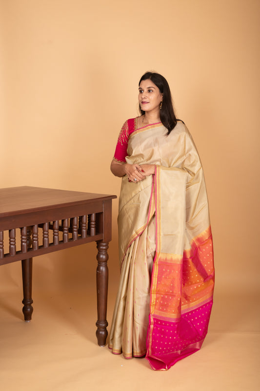 Beige and Rani pink partly pleats pure kanjivaram silk saree