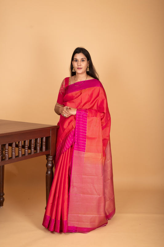 Dual Tone Orange and Rani pink zari striped pure kanchi silk saree