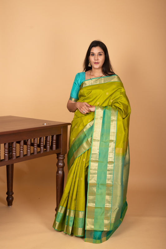 Apple Green and Dual Tone Blue Butta Pure kanchi silk saree