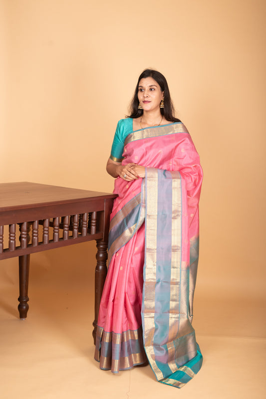 Paneer Rose Pink and Dual Tone Blue Retta Patta Border pure kanchi silk saree