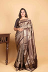 Oyester Grey and Chocolate Brown Retta Petu Pure Kanjivaram Silk Saree