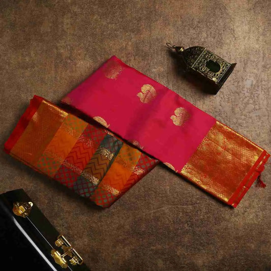 Pink Multicolour Checks Half and Half saree