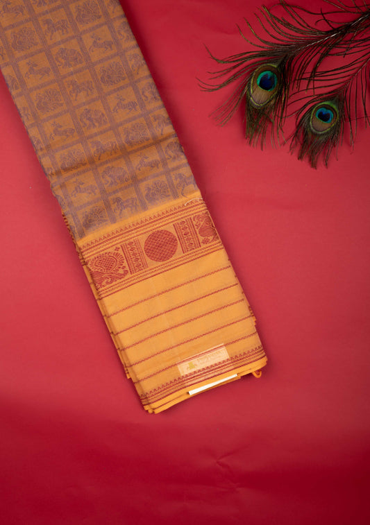 Beige And Lavender Pure Kanchi Cotton Saree