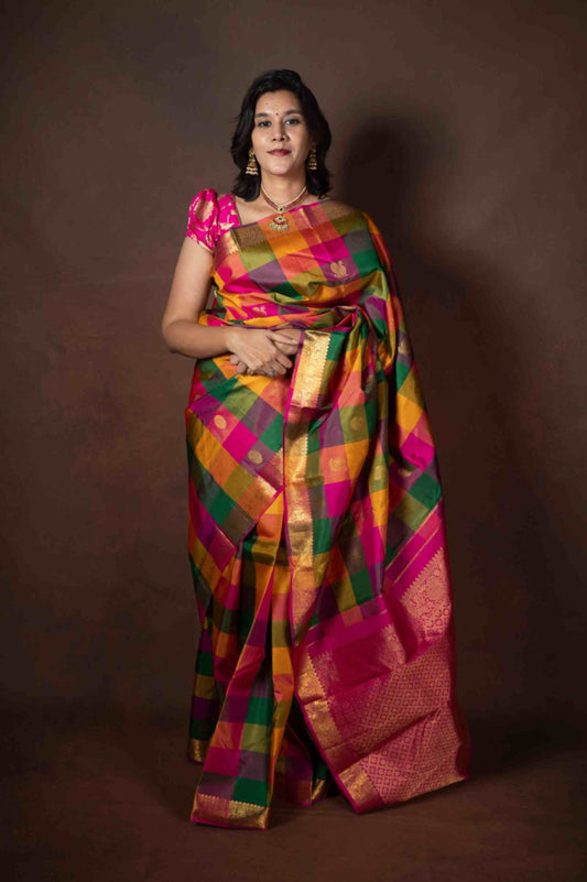Mulitcolor checks silk saree