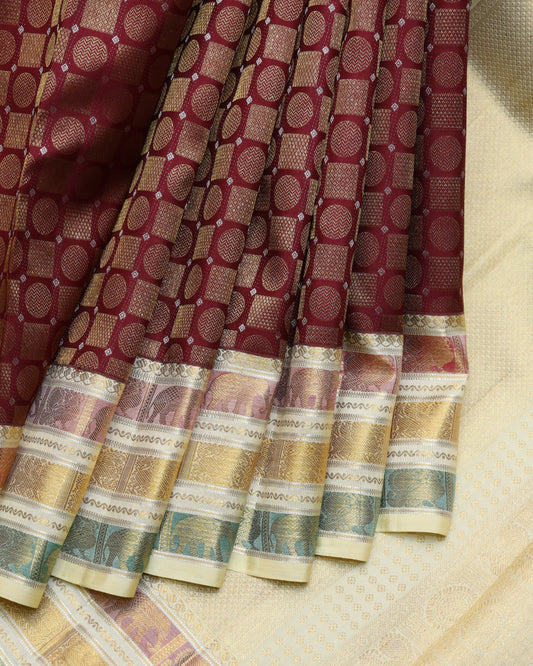 Maroon and Cream designer kanchipuram silk saree