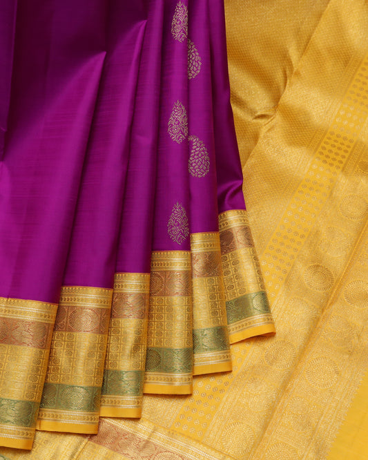 Purple and Yellow pure zari silk saree