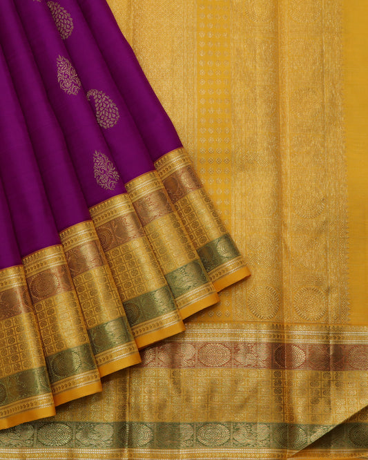 Purple and Yellow pure zari silk saree