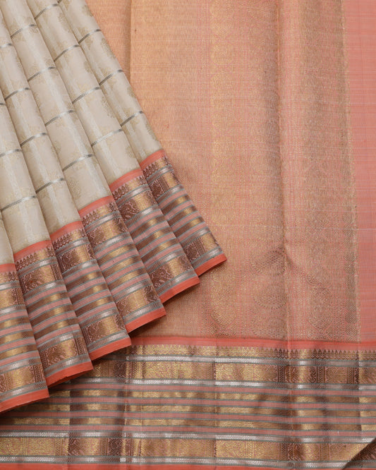 Cream and Peach pure zari silk saree