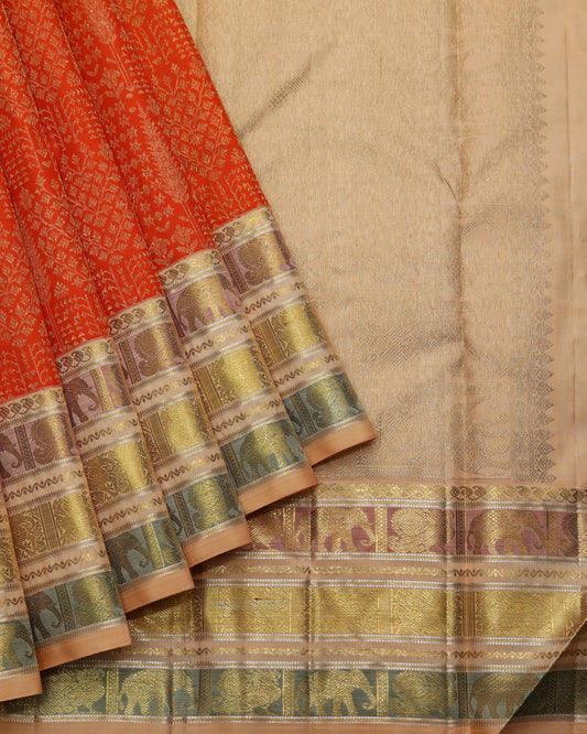 Orange and gold pure zari silk saree