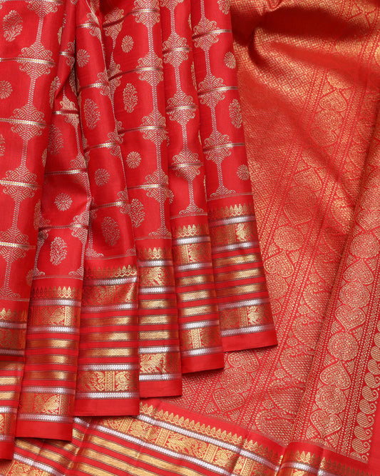 Scarlet red and gold pure zari silk saree