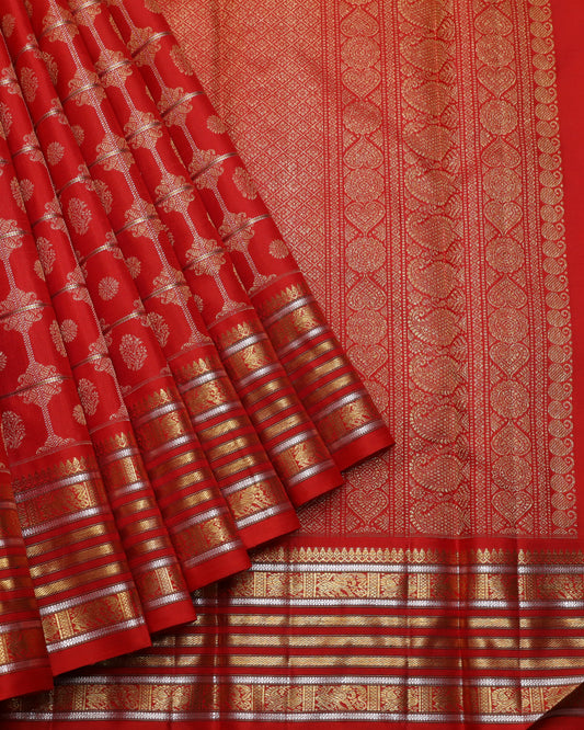 Scarlet red and gold pure zari silk saree