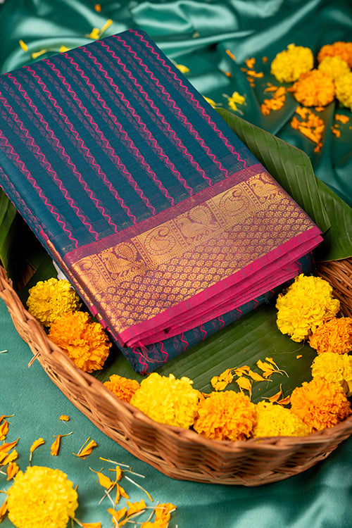 Blue and Pink Pure Kanchi Cotton Saree