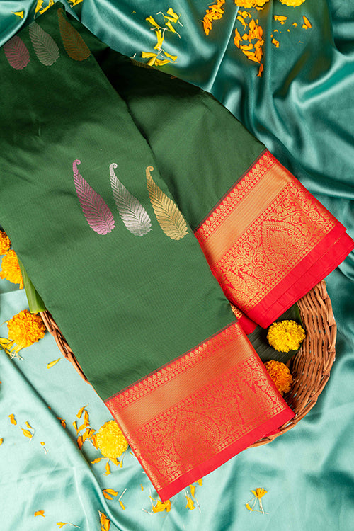 Bottle green and red semi silk saree