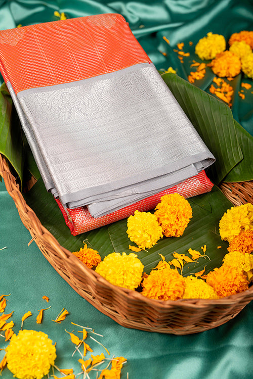Orange and grey semi silk saree