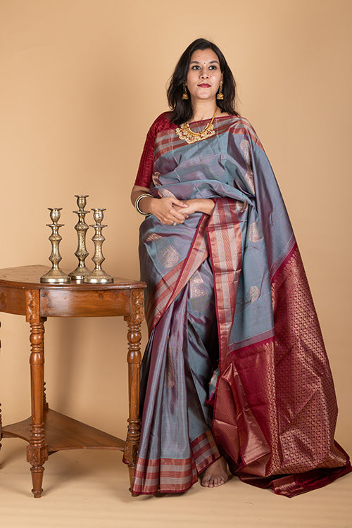 Grey and maroon combination saree