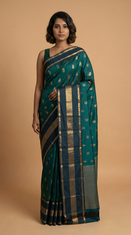 Peacock Green Traditional Big Border Pure Touch silk saree