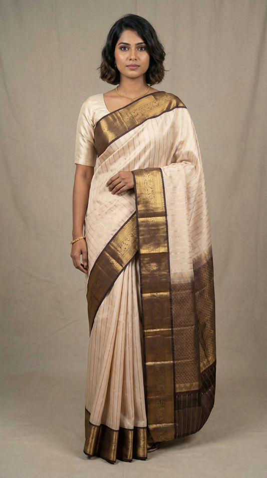 Champagne Pink and Pakku Striped Pure Touch silk saree